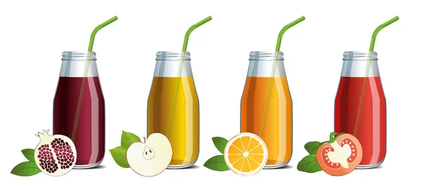 Set of mock up of fruit juice in a glass jars with a straw — Stock Vector
