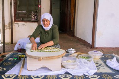 Yaşlı bir Türk kadın geleneksel çanak - pişmiş düz krep fırında tavuklu sağlar.