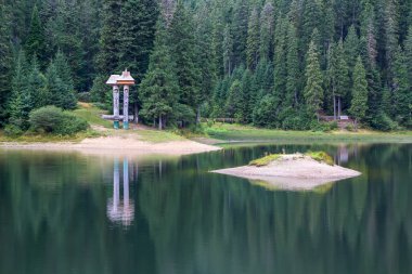 Synevyr göl ve dağların arka plan üzerinde. Ulusal Tabiat Parkı 