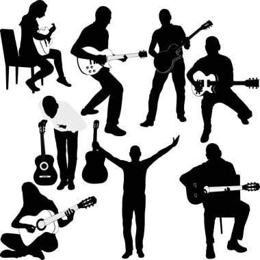 Gitar çalan siluetleri kümesi. Vektör görüntü