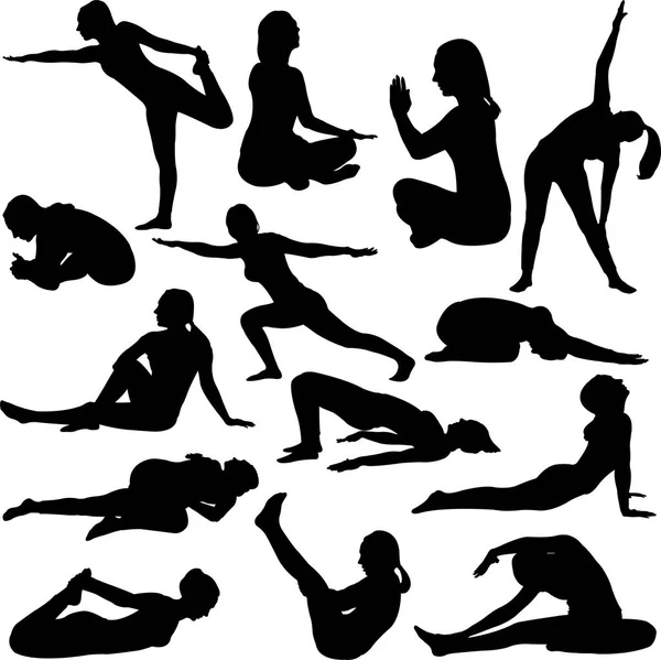 Набор силуэтов позиции йоги - вектор — стоковый вектор