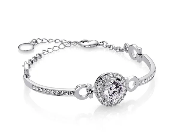 Schönes Silber / Weißgold-Armband mit Diamanten, Schmuck auf weißem Hintergrund — Stockfoto