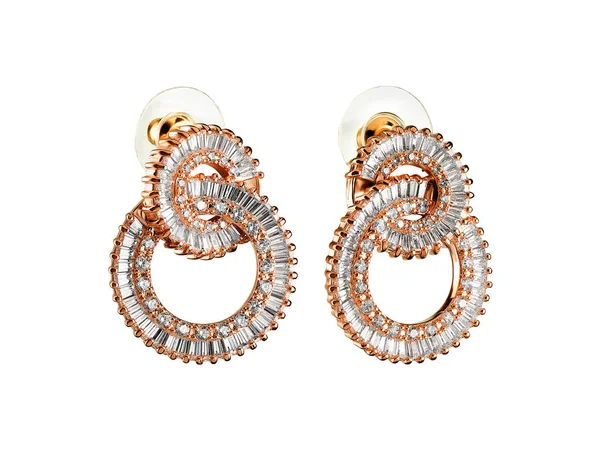 Boucles d'oreilles dorées avec cristaux sur fond blanc, forme ronde, bijoux — Photo