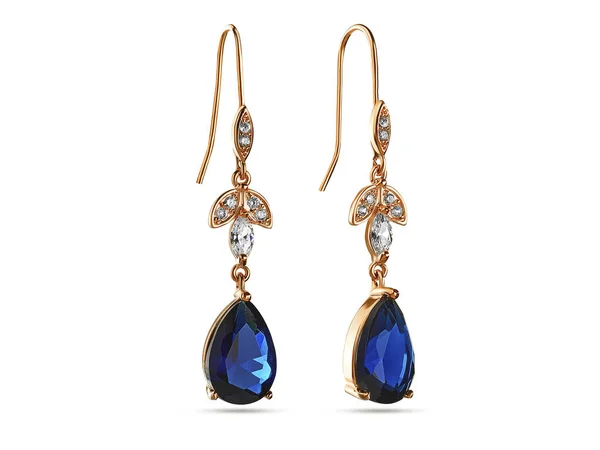 Boucles d'oreilles goutte avec cristaux bleus sur fond blanc, bijoux — Photo