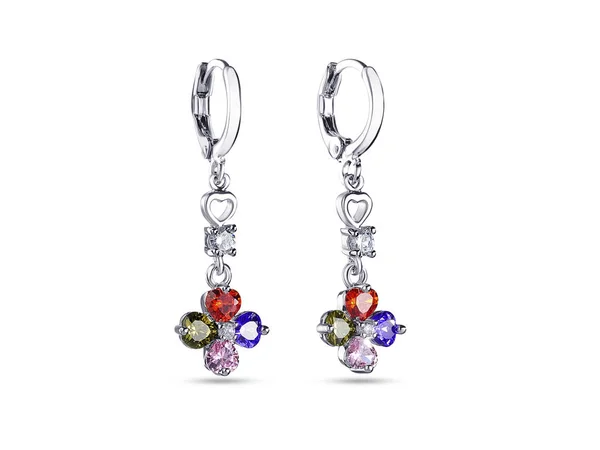 Boucles d'oreilles goutte avec cristaux bleus sur fond blanc, bijoux — Photo