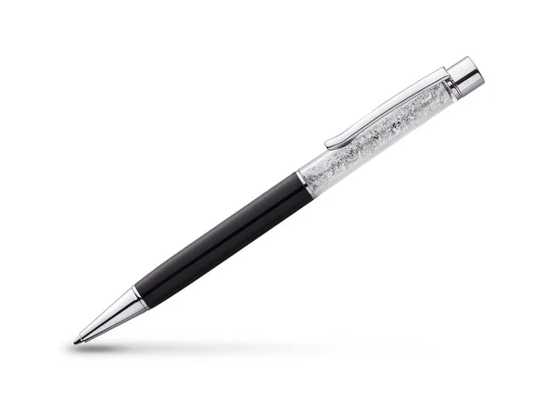 Penna nera e argento con cristalli su sfondo bianco, elegante penna — Foto Stock