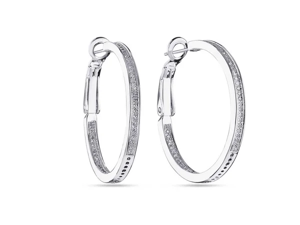 White gold round hoops earrings with diamonds, on white background — Stock Photo, Image