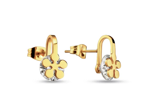 Boucles d'oreilles dorées, forme de fleur de petite taille, bijoux sur fond blanc — Photo