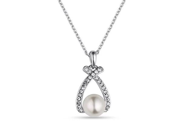 Élégant collier en or blanc avec diamants et grande perle sur fond blanc — Photo