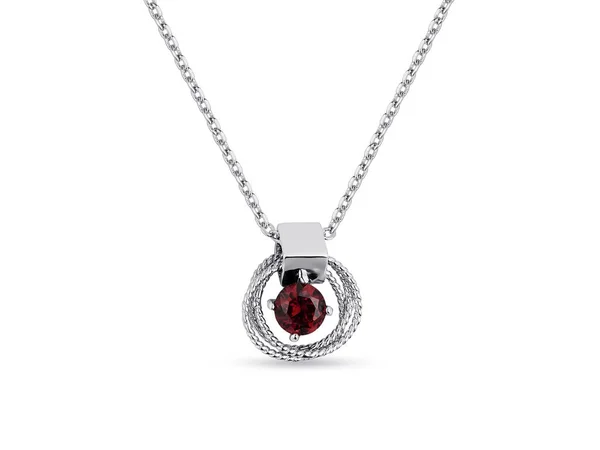 Élégant collier en or blanc avec diamants et rubis sur fond blanc, bijoux — Photo