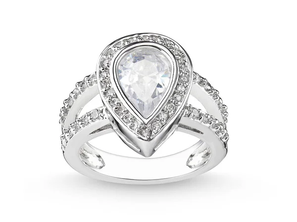 Weißgoldring mit birnenförmigem Diamanten, auf weißem Hintergrund, Verlobungsring — Stockfoto