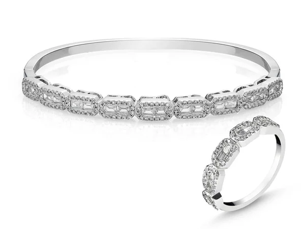 Weißgold Schmuckset - Armband und Ring, mit Diamanten auf weißem Hintergrund — Stockfoto
