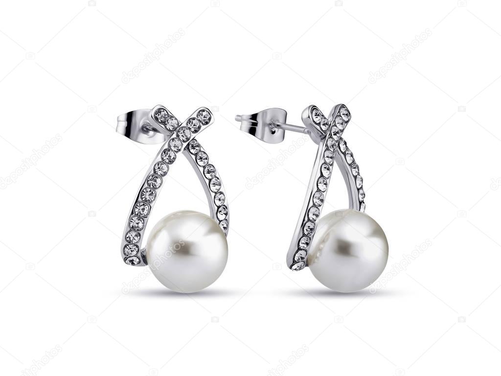White gold small earrings with pearls on white background