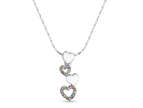 Élégant collier en or blanc avec diamants sur fond blanc, pendentif en forme de coeur — Photo