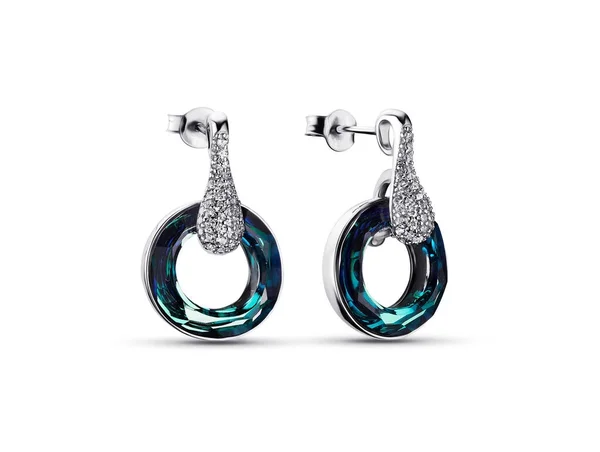 Elegantes Pendientes Redondos Con Cristales Azules Joyas Sobre Fondo Blanco — Foto de Stock