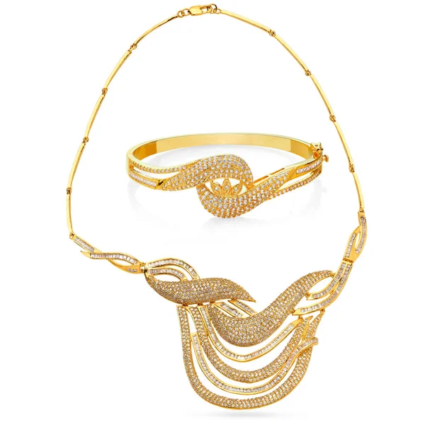 Gyllene Smycken Set Med Diamanter Armband Halsband Örhängen Ring Vit — Stockfoto