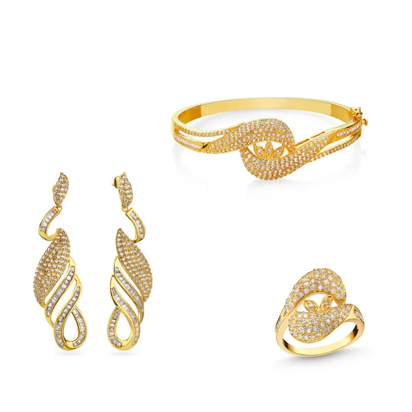 Χρυσά Κοσμήματα Διαμάντια Βραχιόλι Κολιέ Δαχτυλίδι Λευκό Φόντο Σκουλαρίκια Κοσμήματα — Φωτογραφία Αρχείου