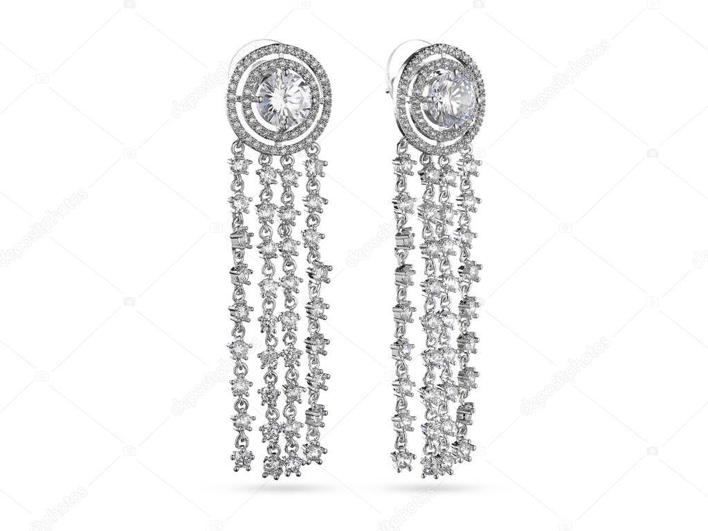 Elegant drop earrings white gold with diamonds, on white background, jewelry