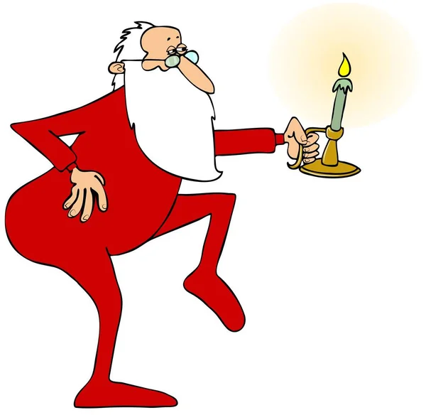 Santa lábujjhegyen és egy gyertyatartó — Stock Fotó