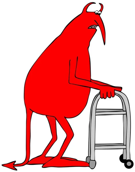 Viejo diablo rojo usando un andador — Foto de Stock