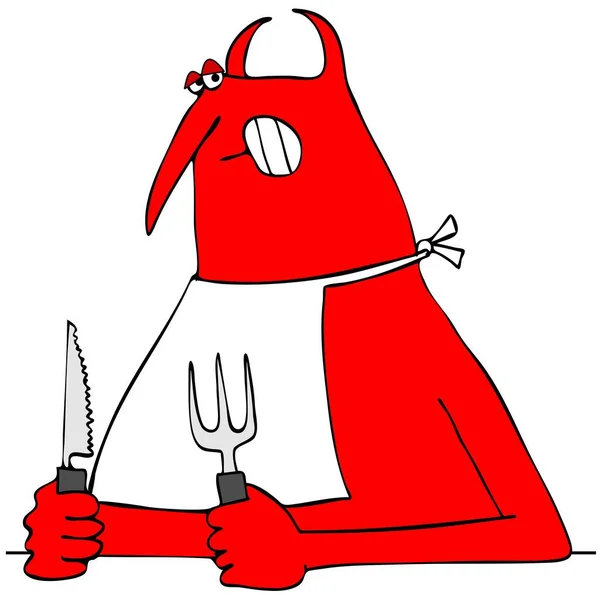 Diabo vermelho segurando uma faca e garfo — Fotografia de Stock
