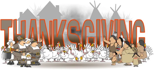 Het woord Thanksgiving met Indianen en pelgrims — Stockfoto