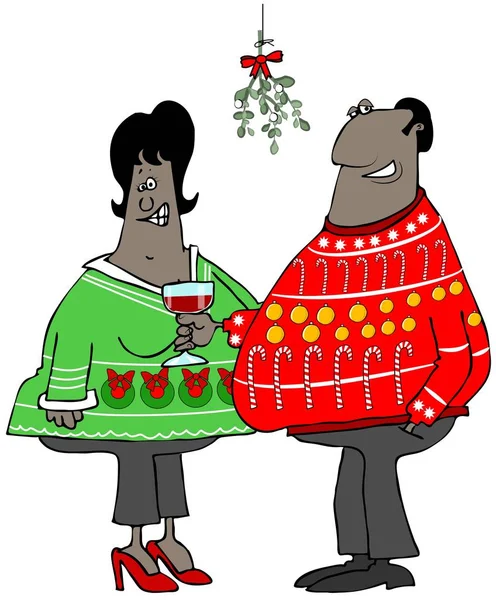 Ilustración Una Pareja Negra Usando Suéteres Feos Navidad Debajo Muérdago —  Fotos de Stock