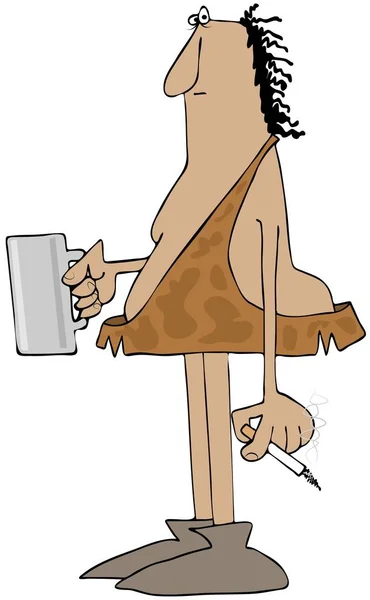 Illustration Depicts Caveman Holding Cigarette One Hand Beverage Mug Other — Stock Photo, Image