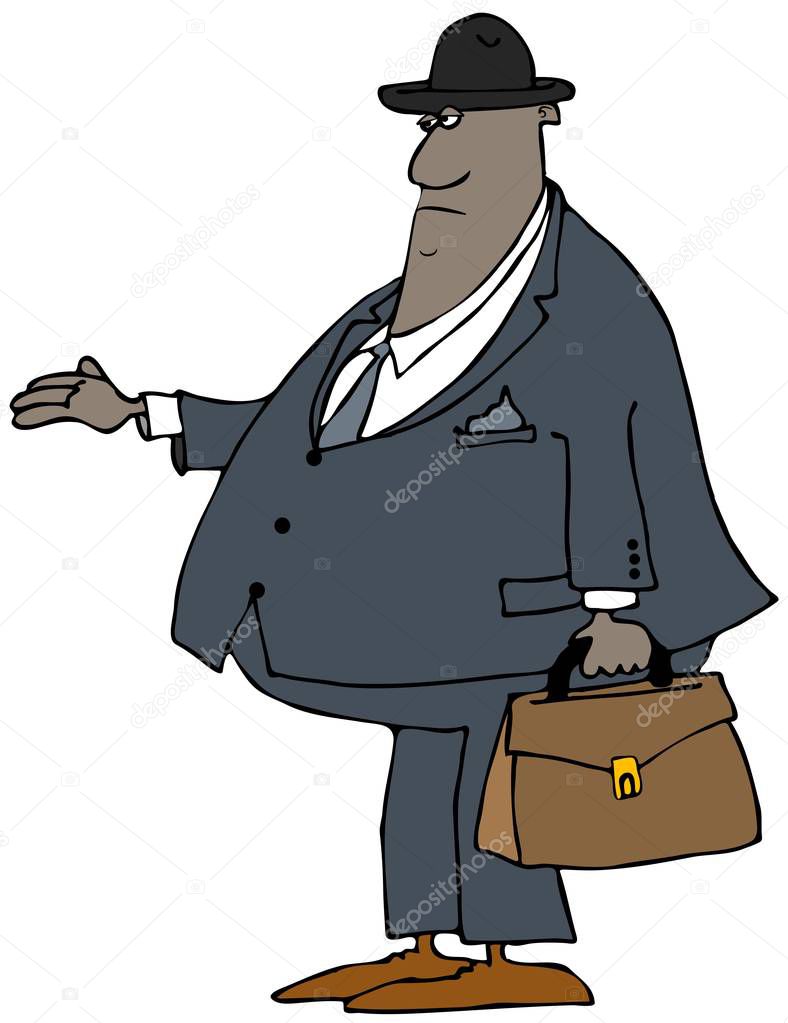 Illustration depicts a black man in a business suit carrying a briefcase and holding out his hand with an upturned palm.