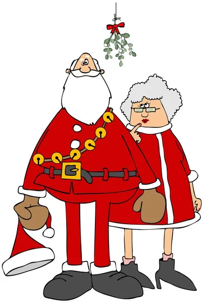 Illustratie Van Een Terughoudend Santa Mrs Claus Staan Onder Sommige — Stockfoto