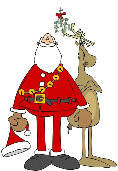 Illustratie Van Een Verward Santa Een Uitdagende Rendier Permanent Onder — Stockfoto