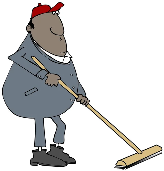 Illustration Black Janitor Wearing Hat Coveralls Sweeping Floor Broom — Stock Photo, Image