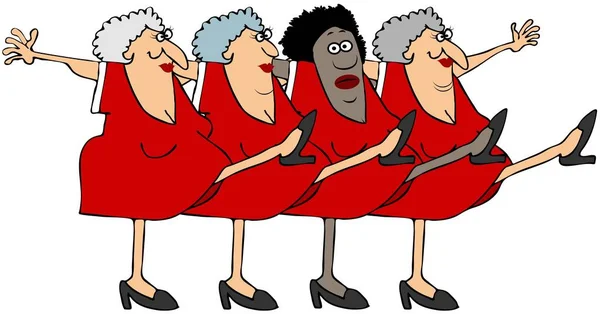 Illustration of four old women king their legs up dancing the can-can.