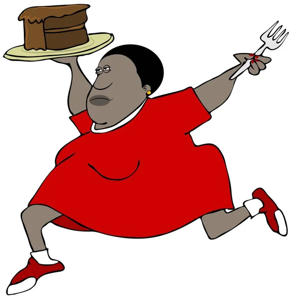 Illustration of a chubby black woman running with a piece of chocolate cake and a fork.