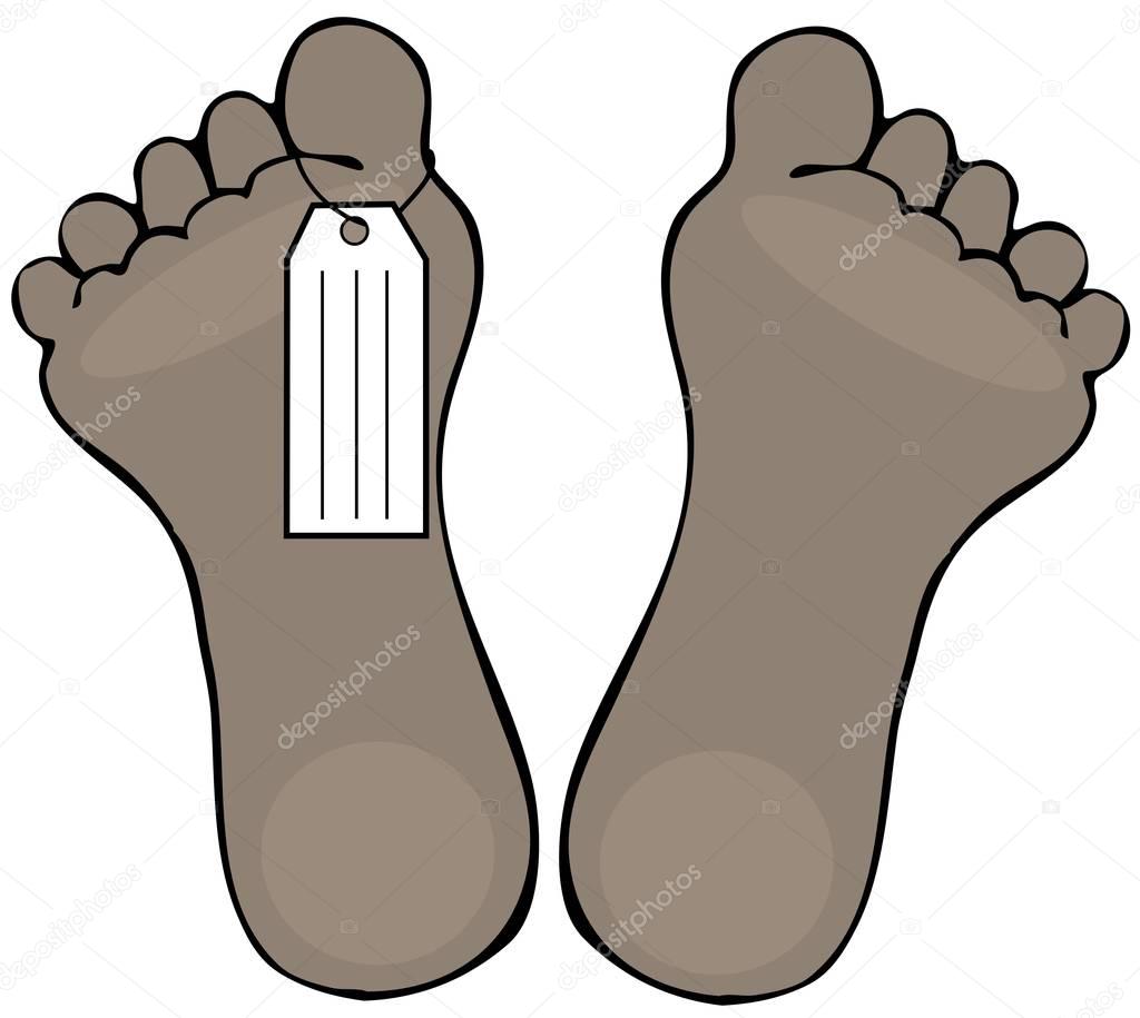 Illustration of two dead black feet with a toe tag hanging from one.