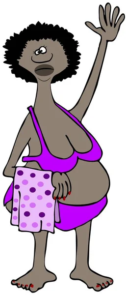 一个胖乎乎的黑人妇女身穿比基尼 手持毛巾 挥舞着的插图 — 图库照片