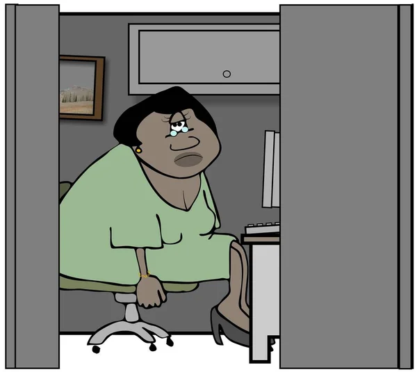 Иллюстрация Чернокожей Работницы Сидящей Компьютером Офисной Кабинке — стоковое фото