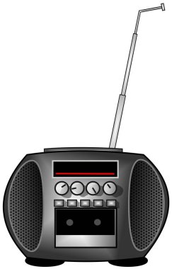 Bir retro boombox/getto blaster bükülmüş bir anten ile gösteren resim.
