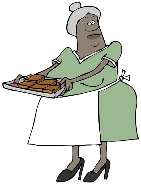 ドレスとエプロン チョコレート ブラウニーのトレイを持って身に着けている黒のおばあちゃんのイラスト — ストック写真