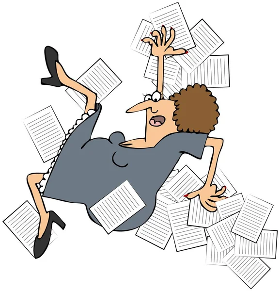 Büyük bir kadın ofis çalışanı açma ve evrak yığını dökülmesini gösteren resim.