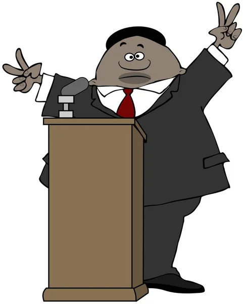 Illustration of a black politician standing at a podium and flashing victory gestures with both hands.