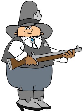Bot ve bir tüfek tutarak bir yelek giymiş bir karikatür Şerif çizimi.