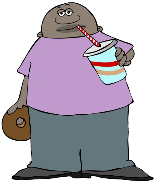 一个黑人男子拿着一个巧克力甜甜圈的例证 而吸吮苏打通过稻草 — 图库照片