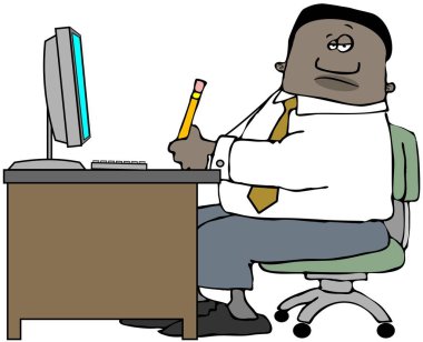Bir bilgisayar monitörü ve klavye ile bir ofis masa başında oturan bir siyah adam resmi.