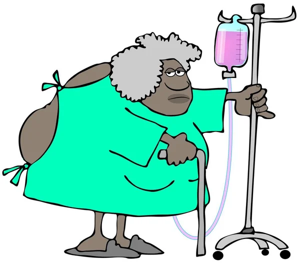 一个老黑人妇女穿着开放的背部医院礼服和推四车的例证 — 图库照片