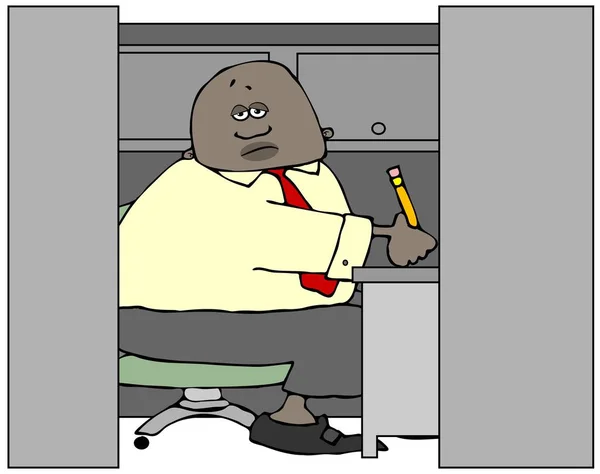 Εικονογράφηση Ενός Βαρεθεί Μαύρου Άντρα Που Κάθεται Στο Γραφείο Του — Φωτογραφία Αρχείου