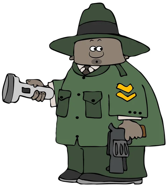 Illustration of a suspicious black park ranger in uniform holding a flashlight and gun.