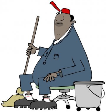 Bir taburede oturan ve paspas üzerinden bir dinlenme alarak siyah hademe çizimi.