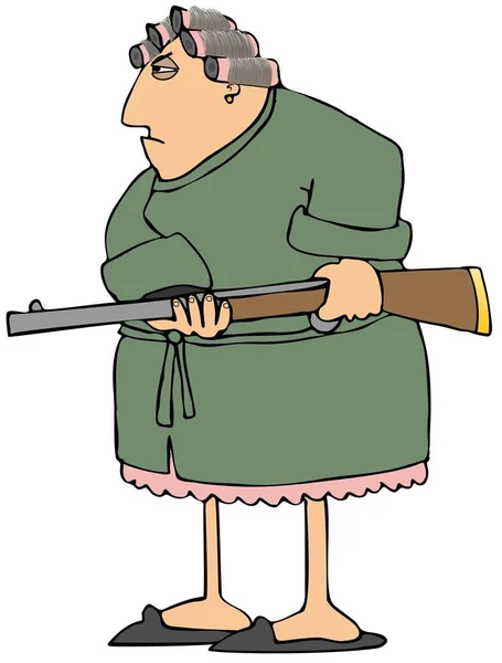 Illustration Irate Woman Wearing Bathrobe Holding Rifle Shotgun — Stock Photo, Image