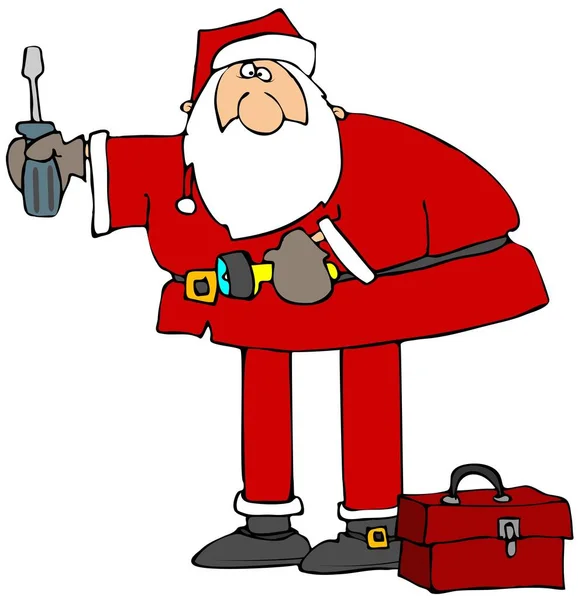 Иллюстрация Санта Клауса Держащего Фонарик Отвертку Ящиком Инструментов Ног — стоковое фото